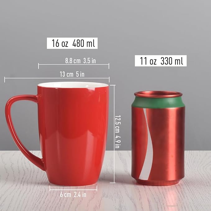 homEdge Porcelain Mug Set, 16 Ounces Cup for Tea, Latte, Mocha, Hot Chocolate, Set of 6, Red