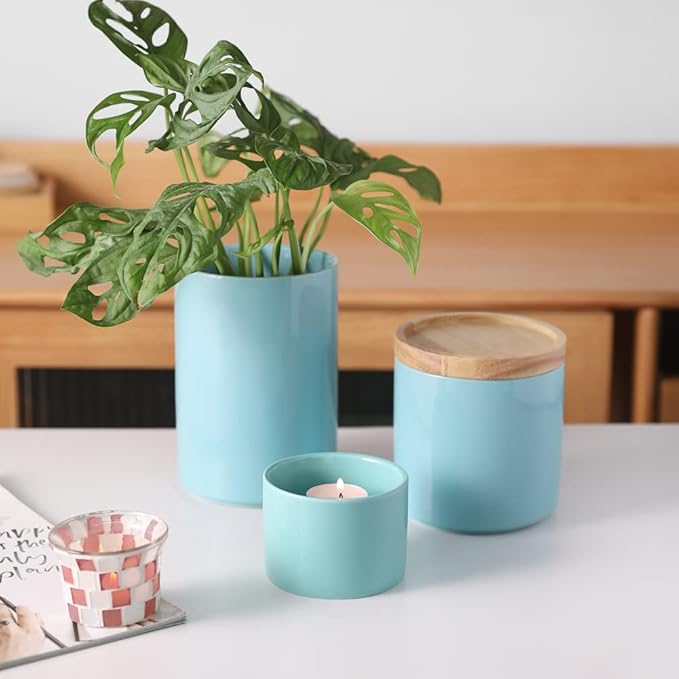 Sweejar Kitchen Canisters Ceramic Food Storage Jar, Stackable Containers with Airtight Seal Wooden Lid for Serving Ground Coffee, Tea, Sugar, Spice and More - 5 Fl Oz(Black)