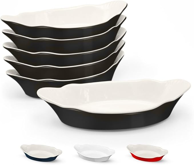 Au Gratin Baking Dishes, by Kook, Mini Casserole Dish, Set of 6, for Banana Split, Oven and Microwave Safe, Dishwasher Safe, Ceramic Serving Dishes, Lasagna & Cobblers, Individual Serving, 12 oz (Black)
