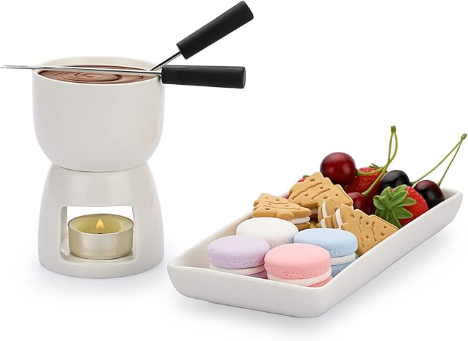150ML Ceramic Butter Warmer Set with Ceramic Rectangle Dish, Mini Fondue Pot Melting Pot Set, Melt Hot Pot Bowl Set For Cheese Chocolate Butter Caramel, with 2 Forks