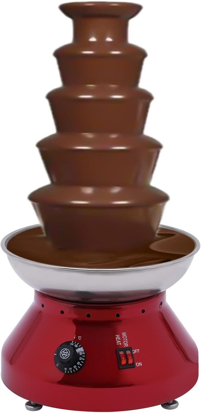 Commercial Chocolate Fountain 5 Tiers Hot Chocolate Fondue Tower Stainless Steel Hot Chocolate Melting Machine 7 Lbs Fondue Fountain Machine for Cheese Party Wedding Gathering (Vintage Red)