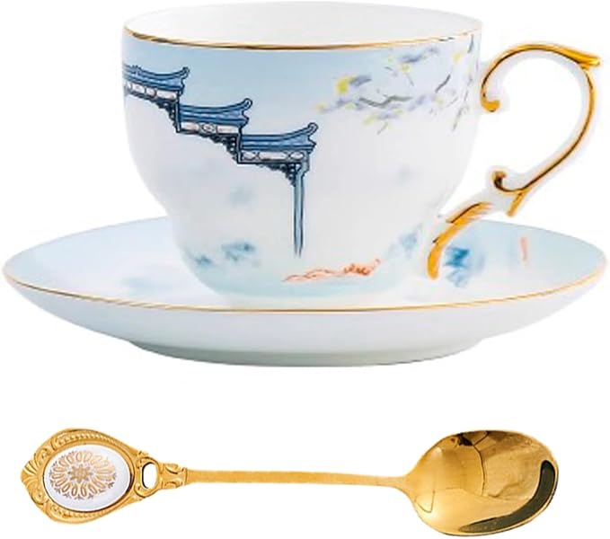 Vintage Tea Cup and Saucer Set, Bone China Cup with Gold Trim, Ceramic Coffee Cup with Saucer and Spoon, Dishwasher Safe, Food Grade Chinese Style Cup for Tea Party, Gifts Giving, 6.8 oz