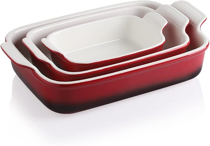 Sweejar Baking Pans Set, Ceramic 9x13 Baking Dish with Handle, Rectangular Casserole Dishes for Oven, Bakeware Sets of 3, Durable Lasagna Pan Deep for Kitchen, Banquet, Wedding Gift(Gradient Red)