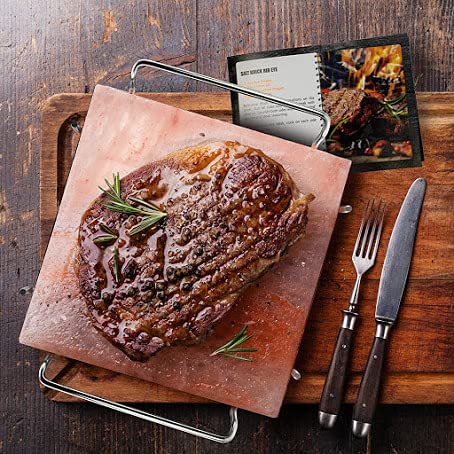 UMAID Himalayan Salt Block For Grilling, Cooking, Cutting and Serving,8X8X1.5 Food Grade Himalayan Pink Salt Stone on Stainless Steel Plate & Recipe Pamphlet, Unique Gifts for Men, Women, Chef, Cooks