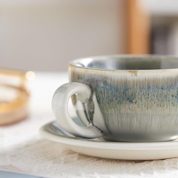 Vintage Design 12 oz Ceramic Latte Art Cappuccino Barista Cup with Saucer (Space Grey)