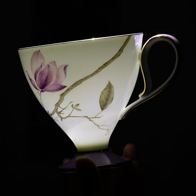 KAMMAK Ceramic Tea Cup and Saucer Set with Gold Trim, Purple Hibiscus & Iris Flower Pattern Cup and Saucer, 240ml Elegant Coffee Cup for Afternoon Tea, Gift for Women