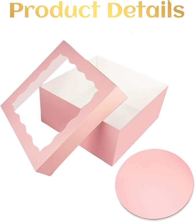qiqee Pink 12x12x8 Cake Box, 4 Sets Pink Cake Box with Window ＆ 4 Sets 12" Pink Cake Round Boards, 12inch Cake Containers