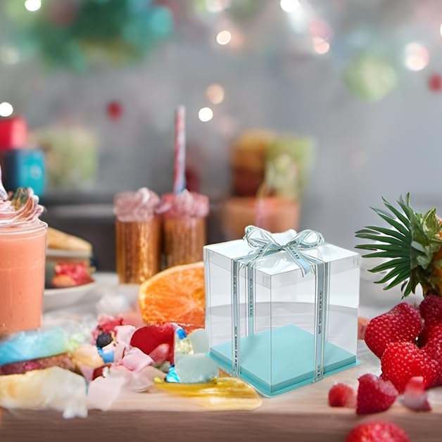 XININSUN 4inch clear cake box with ribbon,7x7x8inch small cake carrier,Bakery Take Out Transport Containers clear gift boxes for wedding,birthday,party(6pcs-green)