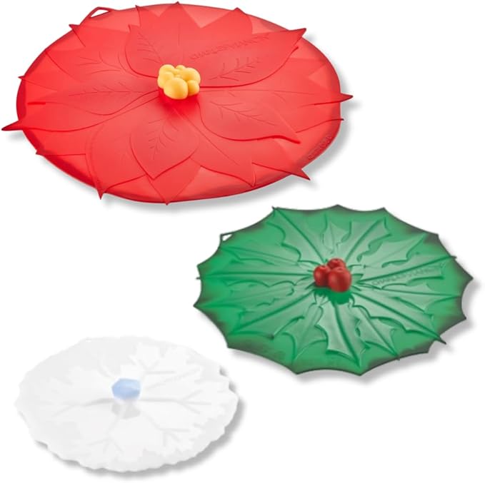 Charles Viancin Lids - Winter Themed - Airtight - 11-inch Poinsettia, 9-inch Holly, or 6-inch Winter Snowflake Christmas Designs (Set of Three Winter Lids), Red, Green, White