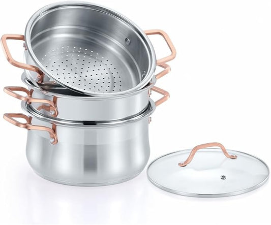 CONCORD Premium Stainless Steel 3 Tier Steamer w/Rose Gold Handles 26 cm