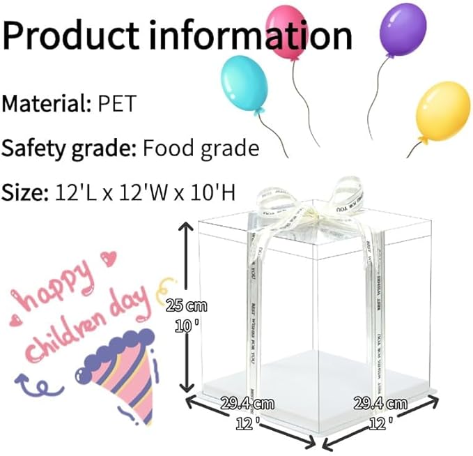 30 Pcs, 12'x12'x11' inch Food Grade Clear Plastic Display Boxes, 29.4 x 29.4 x 25 cm with Ribbon, for Cakes, Bakeries, Desserts, Birthday, Christmas and Thanksgiving