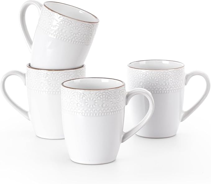 famiware Coffee Mugs Sets for 4, Eden 12 oz Mug Set, Coffee Cups with Handle for Coffee, Tea, Cocoa and Milk, Microwave and Dishwasher Safe, White Floral