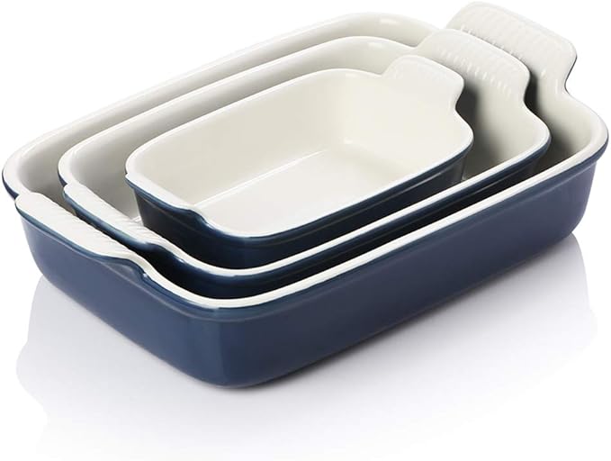 Sweejar Baking Pans Set, Ceramic 9x13 Baking Dish with Handle, Rectangular Casserole Dishes for Oven, Bakeware Sets of 3, Durable Lasagna Pan Deep for Kitchen, Banquet, Wedding Gift(Navy)