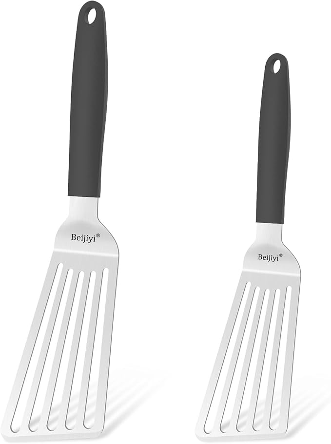 Beijiyi 2 Pack Fish Spatula Set, Stainless Steel Slotted Turner for Flipping Fish, Egg, Burgers, Metal Spatulas for Kitchen and Grilling Thickened Cooking Utensils with Silicone Handle, 13.3" & 11.3"
