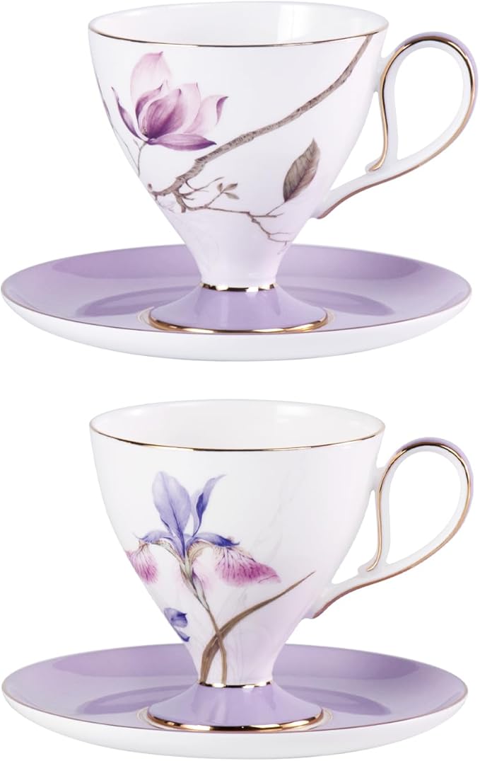 KAMMAK Ceramic Tea Cup and Saucer Set with Gold Trim, Purple Hibiscus & Iris Flower Pattern Cup and Saucer, 240ml Elegant Coffee Cup for Afternoon Tea, Gift for Women