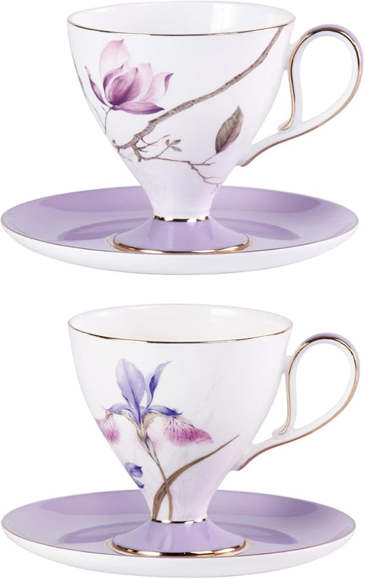 KAMMAK Ceramic Tea Cup and Saucer Set with Gold Trim, Purple Hibiscus & Iris Flower Pattern Cup and Saucer, 240ml Elegant Coffee Cup for Afternoon Tea, Gift for Women