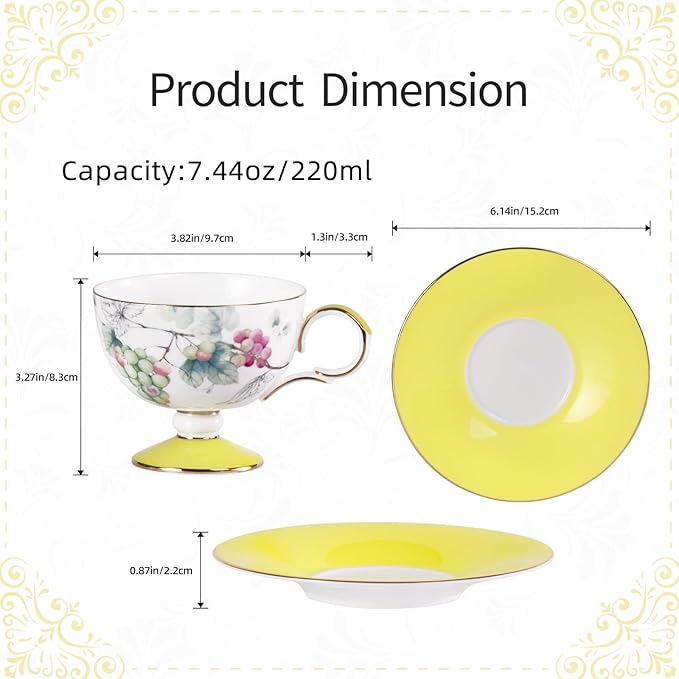 KAMMAK Ceramic Tea Cup and Saucer Set with Gold Trim, Grape & Blueberry Fruit Pattern, 220ml Elegant Bone China Coffee Cup with Yellow & Green Saucers for Afternoon Tea, Gift for Women