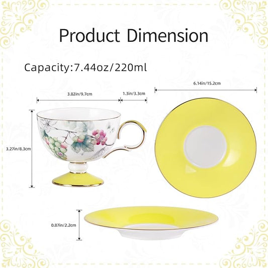 KAMMAK Ceramic Tea Cup and Saucer Set with Gold Trim, Grape & Blueberry Fruit Pattern, 220ml Elegant Bone China Coffee Cup with Yellow & Green Saucers for Afternoon Tea, Gift for Women