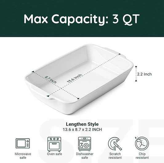Casserole Dish with Roasting Racks, 3 QT Baking Dish with Handles, White Bakeware, Ceramic Baking Pan, Microwave Oven Safe, Dinner, Wedding （13.6"*8.7"）