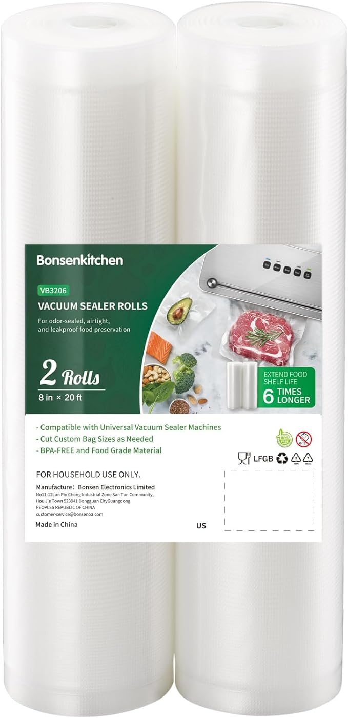 Bonsenkitchen Vacuum Food Sealer Rolls Bags, 2 Packs 8 in x 20 ft, BPA Free, Durable Commercial Customized Size Bags for Storage and Sous Vide Cooking,VB3206