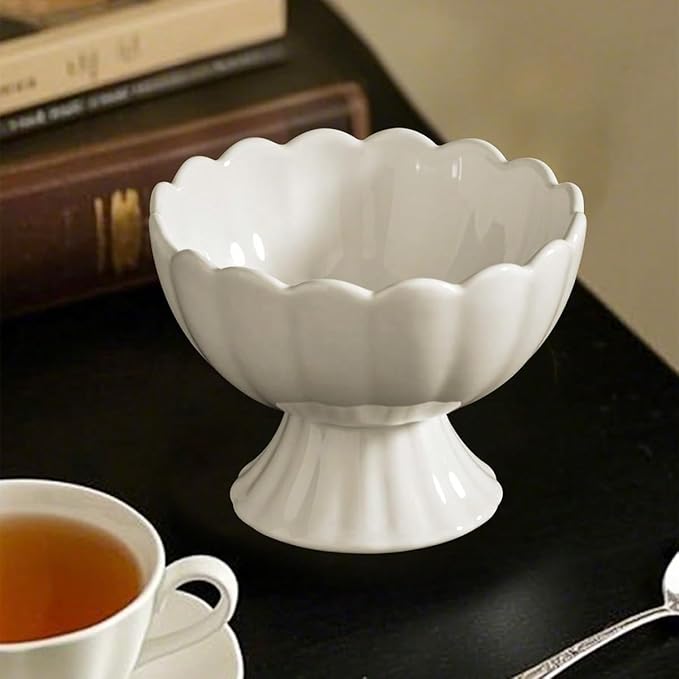 Ceramic Bowl Set of 4 Footed Dessert Bowls with Spoon, Elegant Trifle Bowl with Pedestal for Candy, Salad, Fruit, Tiramisu, Party Serving Punch Bowls