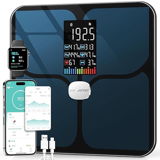 ABLEGRID Body Fat Scale,Digital Smart Bathroom Scale for Body Weight, Large Color Display Screen, 16 Body Composition Metrics BMI, Water Weigh, Heart Rate, Baby Mode, 400lb, Rechargeable