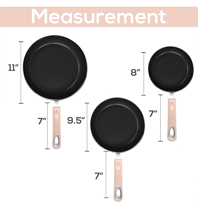 Utopia Kitchen Nonstick Cookware 3 Piece Set, Non-Stick Frying Pans with Induction Bottom, 8, 9.5 & 11 Inches Frying Pans with Bakelite Handles, PFOA Free, Pink & Black