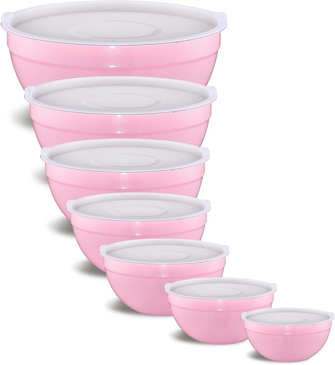 Pink Mixing Bowls With Airtight Lids,Stainless Steel Bowl,Salad Bowls 7 Piece Colorful Nesting Bowl Pink Kitchen Accessories,Size 7,3.6,2.7,2.1,1.5,1.1,0.8QT Stackable Design