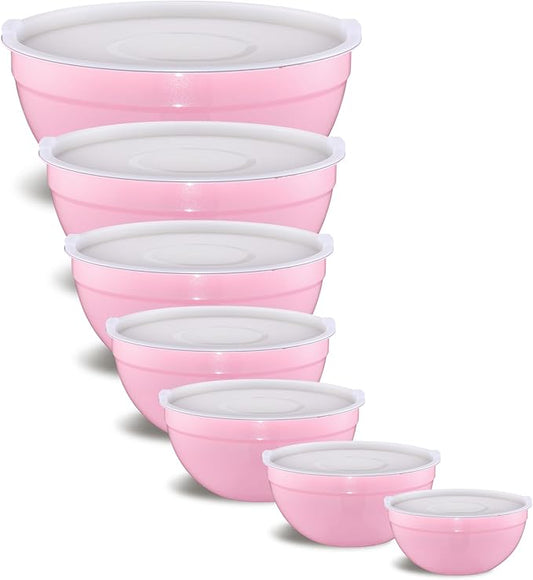 Pink Mixing Bowls With Airtight Lids,Stainless Steel Bowl,Salad Bowls 7 Piece Colorful Nesting Bowl Pink Kitchen Accessories,Size 7,3.6,2.7,2.1,1.5,1.1,0.8QT Stackable Design
