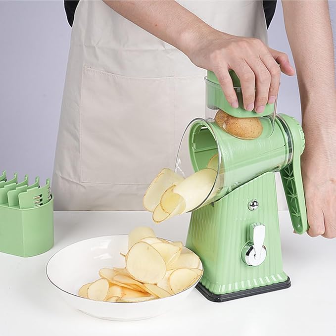 Rotary Cheese Grater with 5 Blades, Large Food Tube, Safety Food Pusher, Strong Suction Base, Mint Green