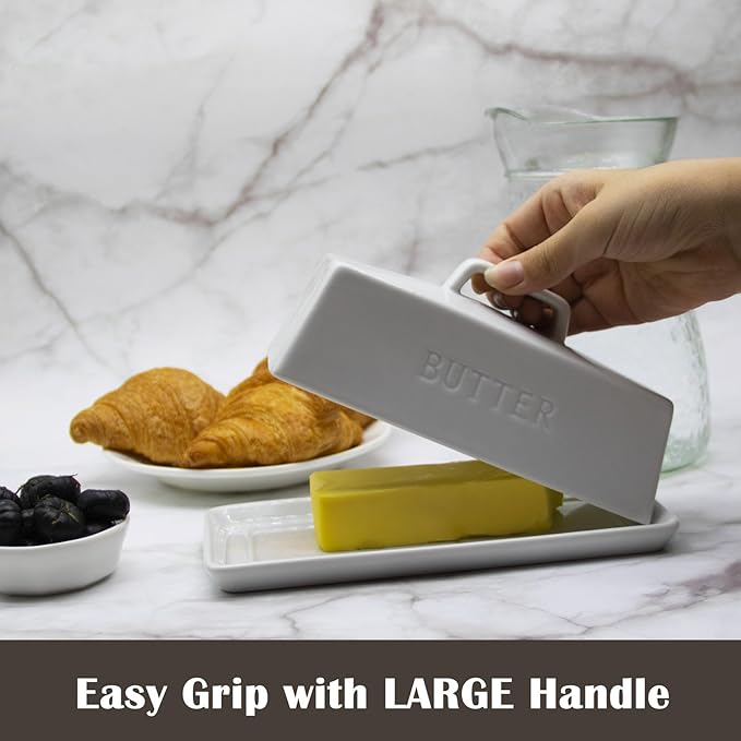 Ceramic Butter Dish With Lid for Countertop, Covered Butter Container, Large Butter Holder With Lid, Butter Tray With Handle White