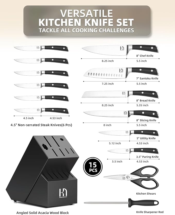2025 Knife Set 15 Pcs Japanese High Carbon Stainless Steel Kitchen Knife Sets with Block & Sharpener, Premium Razor-Sharp Black Knives Block Set for Kitchen, Ergonomic Full-Tang Handle