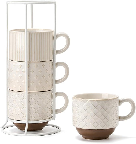 Large Ceramic Coffee Mug Set of 4 with Stand, 15 Oz Stackable Different Embossment Ribbed Latte Cup Set for Cappuccino, Tea, Hot Cocoa, Drinks - Dishwasher & Microwave Safe, Off White