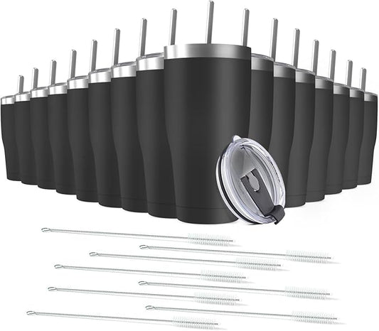 16 Pack 20oz Stainless Steel Tumblers Bulk Reusable Travel Mugs with Lid, Double Wall Powder Coated Coffe Cup for Home, Office, Outdoor Suitable for Vehicle Cup Holders