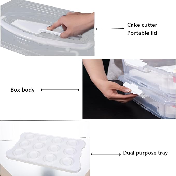 Plastic Cake and Cupcake Carrier Holder,Portable Stackable Cupcake Dessert Storage Container for Full Size 14x9 Cake Box Or 12 Count Cupcake Tray