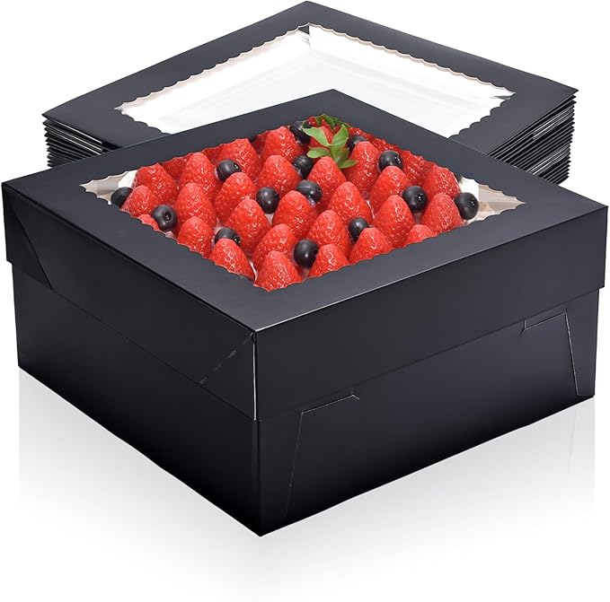 16Pcs 12x12x6 Inch Cake Boxes with Window, Black Bakery Boxes, Cake Carrier Container for Pastries, Pie, Cookies, Chocolates, Cupcakes, Birthday Party, Wedding