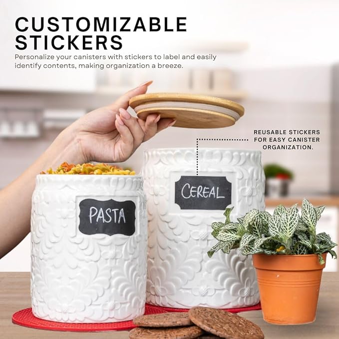 Ceramic Canister Set for the Kitchen Set of 2 - 94/52 Oz - Food Storage Containers, Airtight Bamboo Lid, Decorative Flour Sugar Coffee Canister, Food Container for Coffee, Flour, Sugar, Cookie Jar