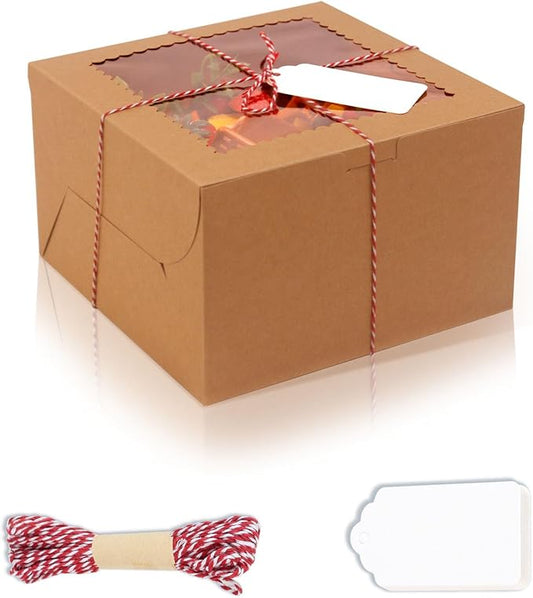 20Pcs 8 Inch Cake Boxes with Window, 8x8x5 Inches Brown Bakery Boxes, Cake Carrier Container for Pastries, Pie, Cookies, Chocolates, Cupcakes, Birthday Party, Wedding