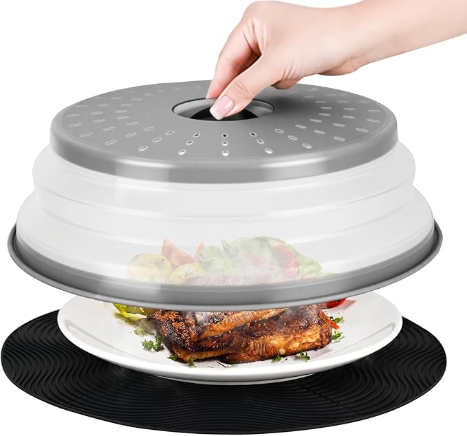 WENWELL 12" Microwave Splatter Cover & Mat,Large Vented Collapsible Splatter Guard dish Plate lid & Silicone Round Kitchen Mat for Food