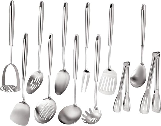 304 Stainless Steel Cooking Utensils Set, Stainless Steel Kitchen Utensils, 12 PCS Long Large Metal Cooking Utensil Tools Set, Potato Masher, Fork, Tongs, Pasta, etc (Dishwasher Safe)