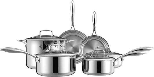 10 Pcs Stainless Steel Cookware Set, No Coating Frying Pans, Saucepans, Saute Pan and Stock Pot, Suitable for All Cooking Hobs