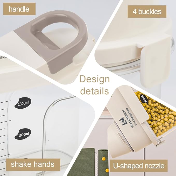 Airtight Cereal Containers Storage Food Dispenser, Plastic Cereal Storage Containers with Pouring Spout, Lids and Measuring Cup for Sugar,Rice, Coffee Beans, Dry Food, Grains, BPA Free - 1300ml (Grey)