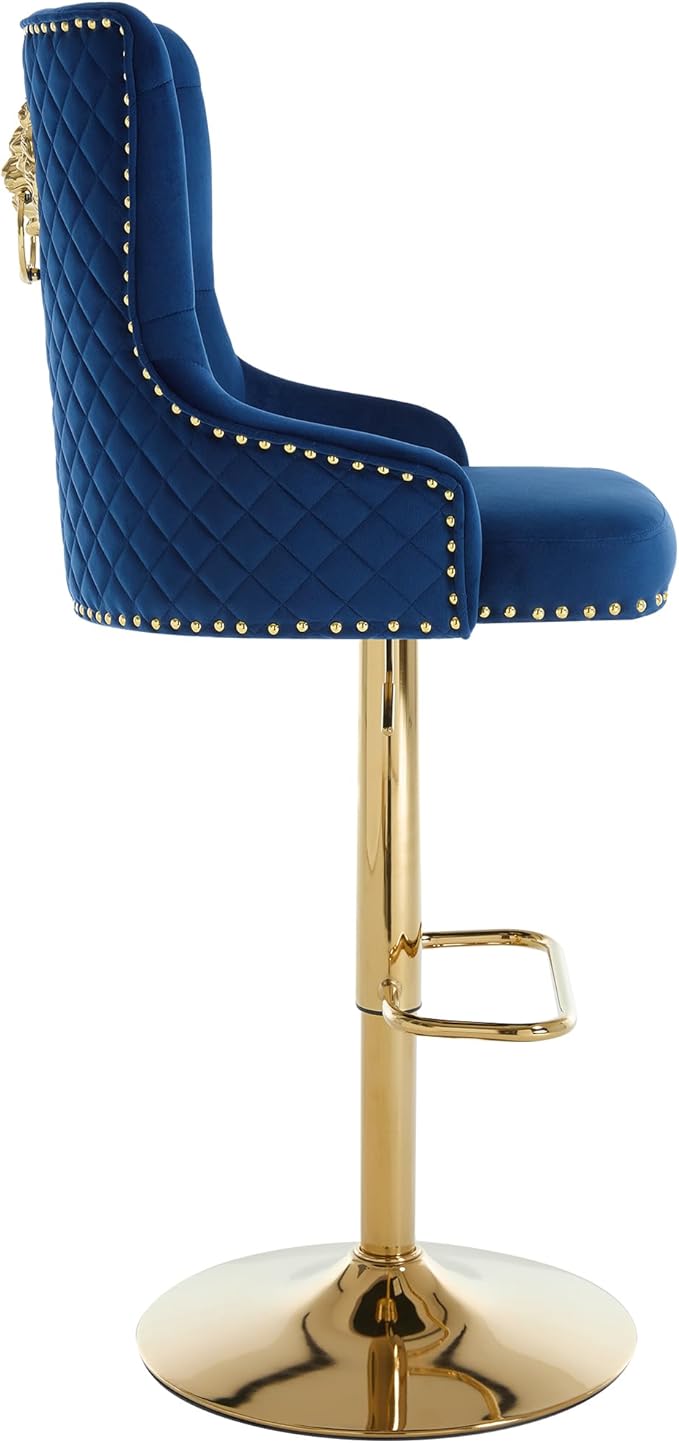 Velvet Gold Barstools Set of 2, Modern Counter Height Adjustable Swivel Stools Chairs with High Tufted Backrest Golden Base Lion Pull Ring Diamond Pattern Rivet Trim for Kitchen (Dark Blue)