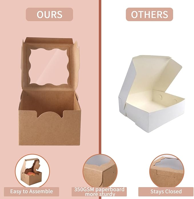 150pcs Brown Small Cake Box,4x4x2.5 Inch Bakery Boxes with Window,gift boxes bulk for Mini Cake Pastry Dessert Strawberries Chocolates Cupcakes with Stickers