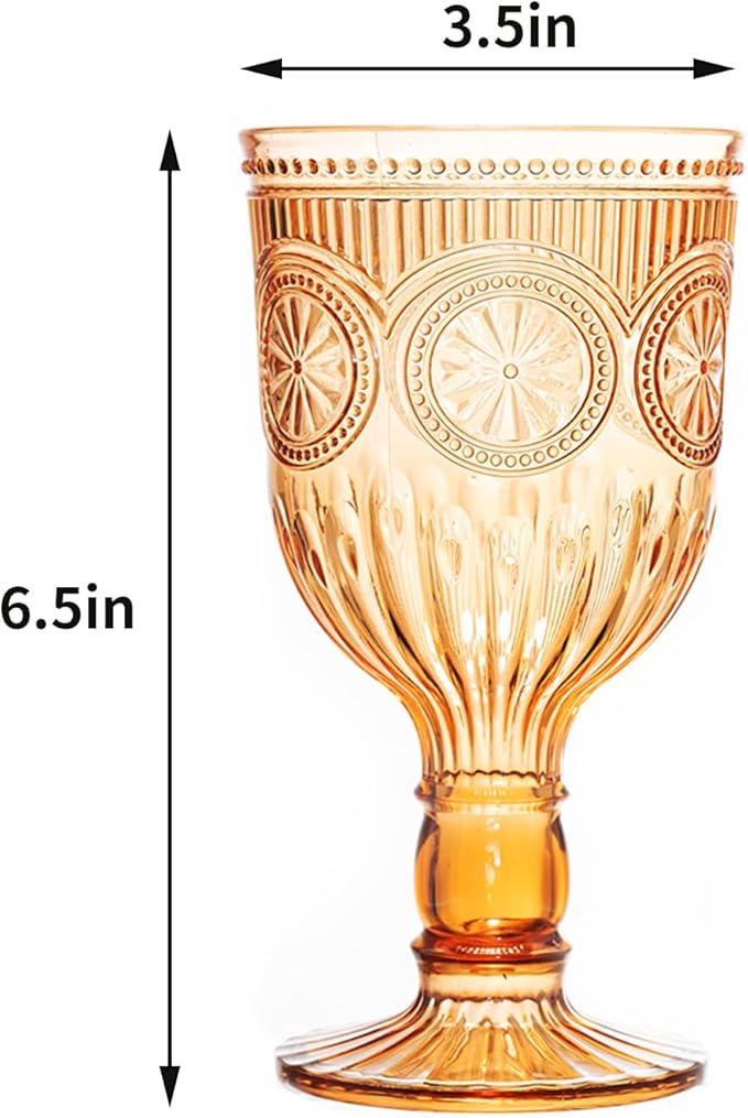 24 Pack Vintage Wine Glasses, Plastic Reusable 12 Ounce Colored Water Goblets, Unique Flower Embossed Pattern Unbreakable Stemmed Wine Glasses High Clear Wedding Party Bar Drinking Cups Amber
