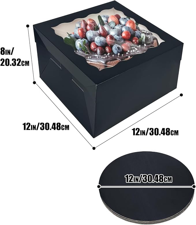 qiqee Black 12x12x8 Cake Box, 4 Sets Black Cake Box with Window ＆ 4 Sets 12" Black Cake Round Boards, 12inch Cake Containers