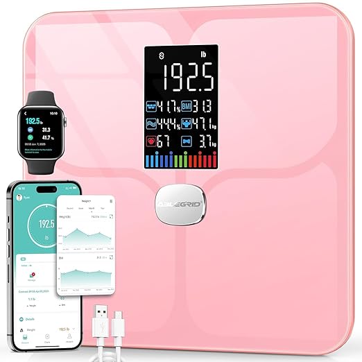 ABLEGRID Body Fat Scale,Digital Smart Bathroom Scale for Body Weight,Large Color Display Screen,16 Body Composition Metrics BMI,Water Weigh,Heart Rate,Baby Mode,400lb,Rechargeable-Rosegold