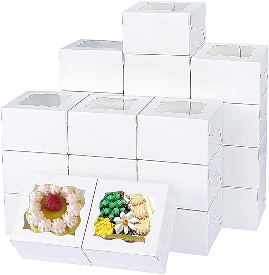 25pcs White Small Cake Box,4x4x2.5 Inch Bakery Boxes with Window,gift boxes bulk for Mini Cake Pastry Dessert Strawberries Chocolates Cupcakes with Stickers