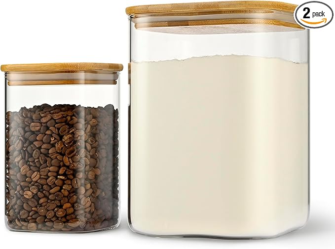 122oz 41oz Airtight Glass Square Storage Canister with Bamboo Lid Set of 2(3600ml*1 1200ml*1) Large Storage Container Gallon Glass Jars, for Sugar, Flour, and Coffee bean (with Black Lable)