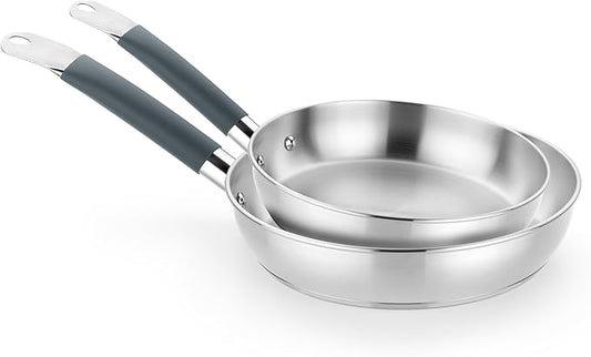 BRA COOKWARE Master 2 Frying Pan Set | 9.5 + 11 inches Professional Skillets | Stainless Steel Frypan | All Stovetop Compatible - Full Induction Skillet | PFAS Free | w/o Non-Stick | Shiny Finish